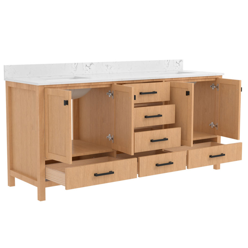 Meuble-lavabo 72 po, armoire de rangement en bois massif, comptoir de meuble-lavabo autoportant avec double cuve, Chêne, 72"