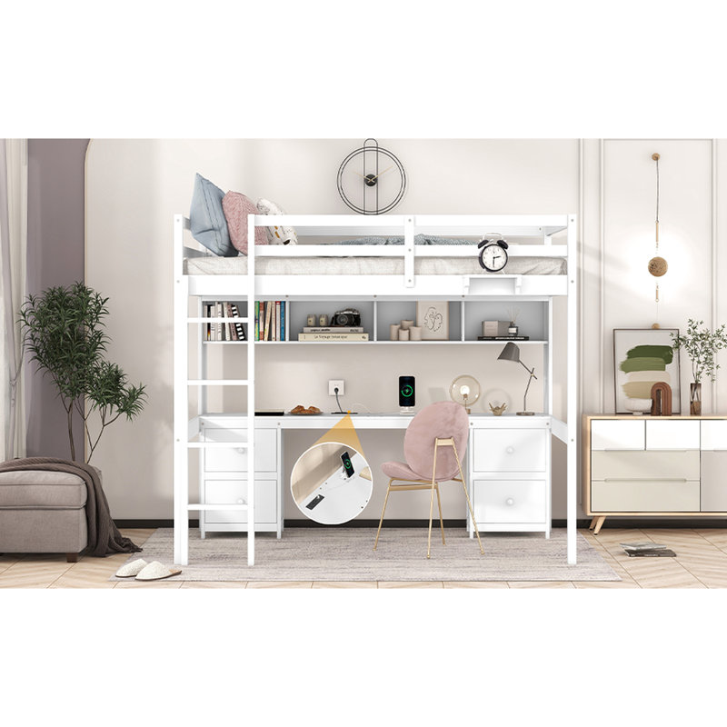 Lit mezzanine en bois avec bureau, 4 tiroirs et prises de recharge - Bureau blanc avec de nombreuses options de rangement