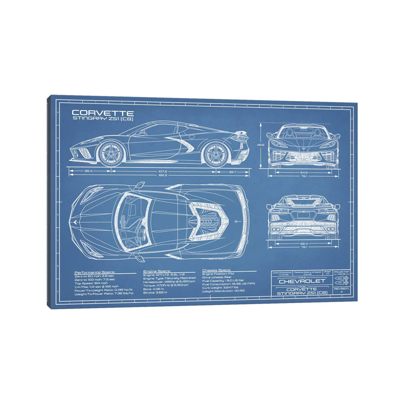 Corvette (C8) Stingray Blueprint by Action Blueprints - Wrapped Canvas Print, 20.32 cm H x 30.48 cm W