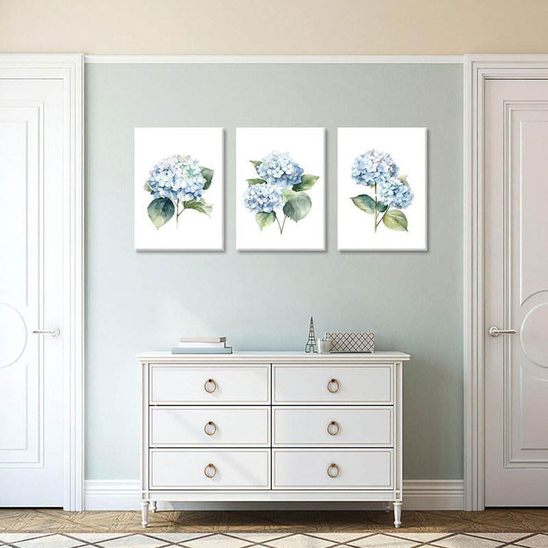 Bloomsbury Market 3 Piece Blue Hydrangea Canvas Wall Art Blue Floral ...