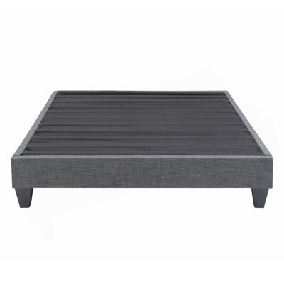 Lit plateforme tapissier contemporain gris, cadre de lit en tissu de polyester, lit plateforme à pieds géométriques renforcés sans sommier, assemblage facile, simple