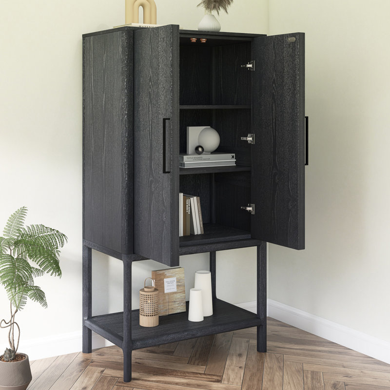 Sophisticated Oak Veneer Cabinet With Multiple Storage Functions, Black