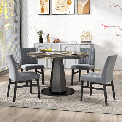  Cavira 5-Piece Modern Dining Set, Black And Gold Faux Marble Dining Table With Four Chairs, Gray