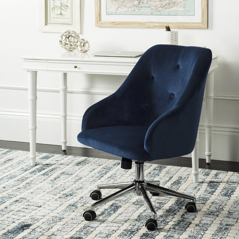 Modern Chala Swivel Drafting Chair – Plush Tufted Barrel Office Chair with Chrome Base and Casters, Navy, Velvet