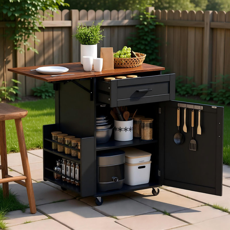 39.3" Farmhouse Kitchen Island With Drop Leaf, Kitchen Storage Island With Open Side Rack, One Drawer, Towel Rack, Rolling Kitchen Cart With Lockable Wheels For Lawn Garden, Black