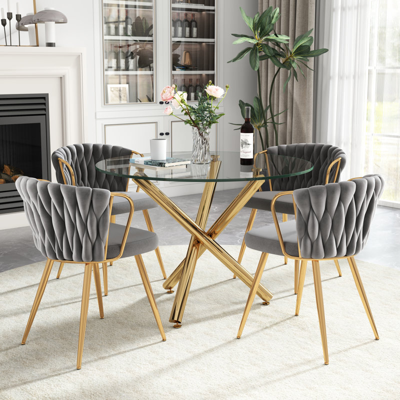 Elegant Round Glass Dining Table Set, 5 Pieces: Table, 4 Chairs, Gray, Gold