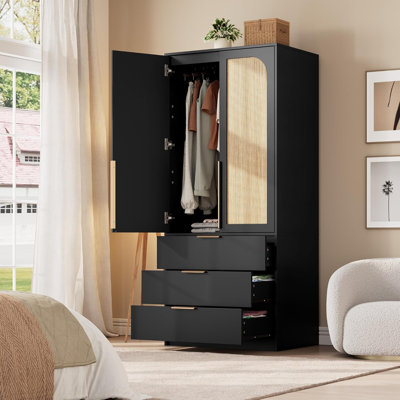 Armoire 70 po en bois, 2 portes, 3 tiroirs, tringle et tablette, garde-robe de chambre à coucher