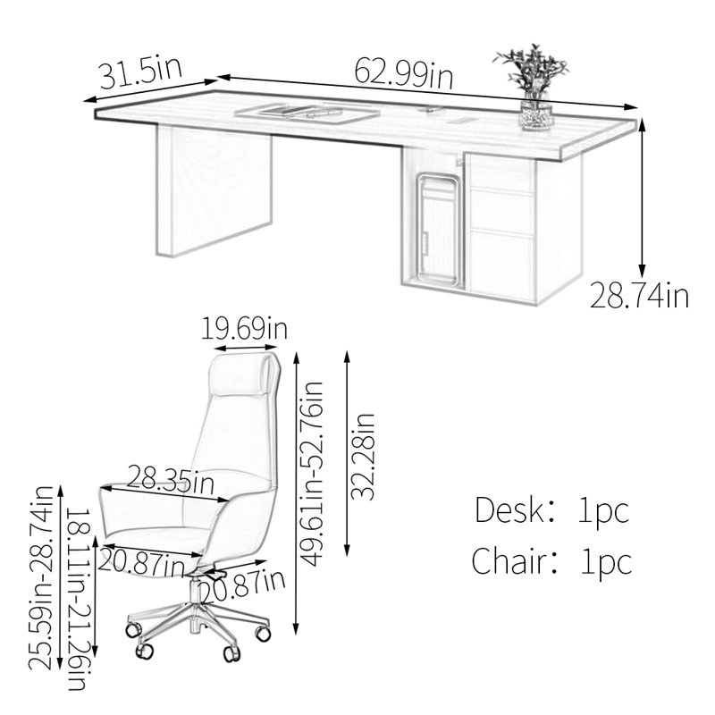 Bureau de qualité supérieure en noyer, H 28,74 po x l 62,99 po x P 31,5 po