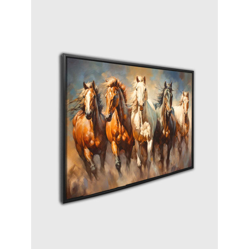 Équipe de cinq chevaux sur toile, Cadre flottant noir