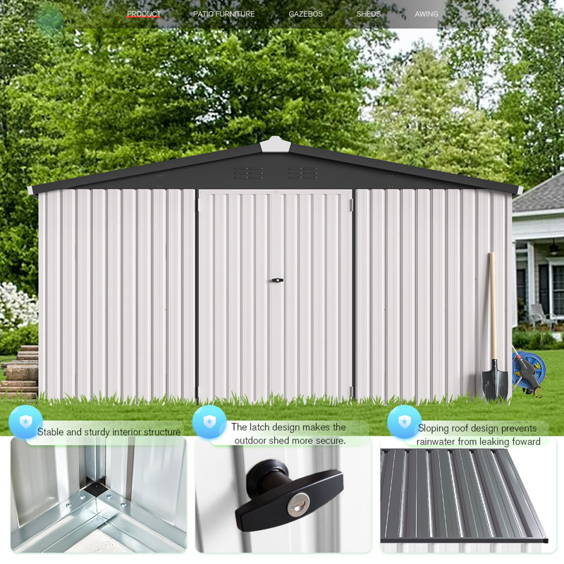 12' x 12' Metal Storage Shed  With Design Of Lockable Doors, White