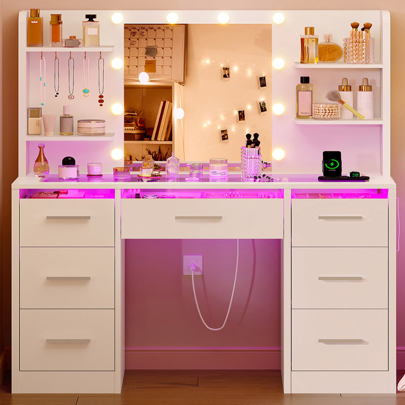 Dressing Table with Mirror & 7 Drawers, Vanity Table with 2 Usb Ports and Sockets, White