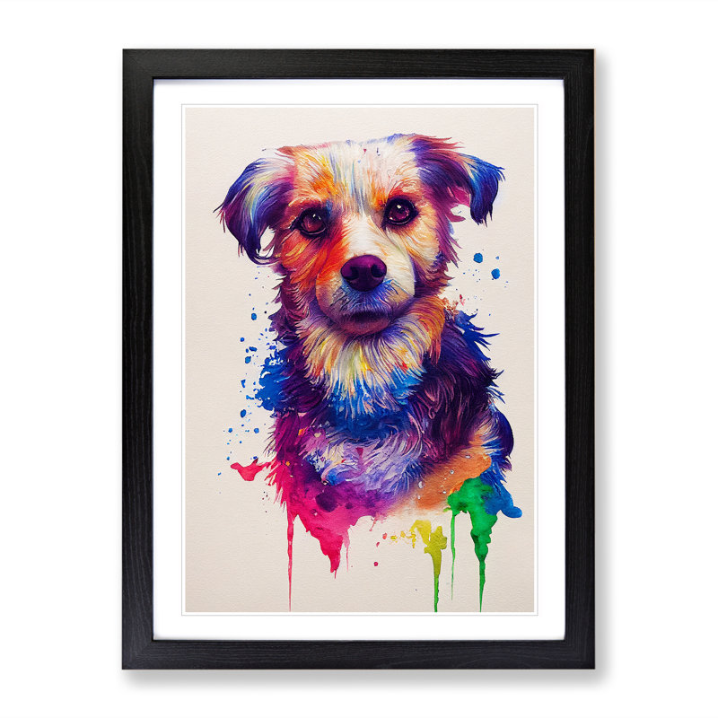 Colourful Dog Painted - Painting, 36cm H x 27cm W x 2cm D, Black Framed, White