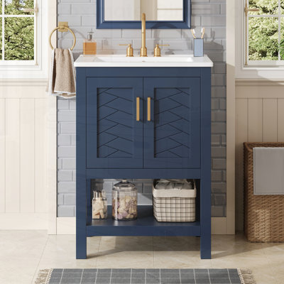 Meuble-lavabo moderne avec design élégant en sergé, charnières à fermeture en douceur et tablette réglable pour un rangement amélioré