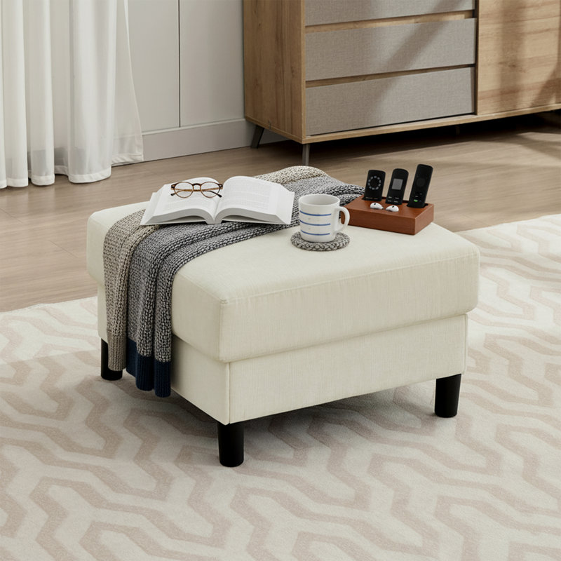 Della 27.5" Wide Upholstered Square Ottoman, Beige