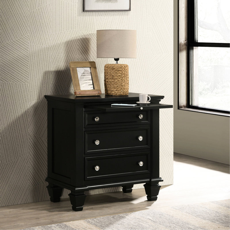 Table de chevet noire à 3 tiroirs avec plateau de service escamotable - Fabrication en bois d'ingénierie pour la chambre 3 tiroirs