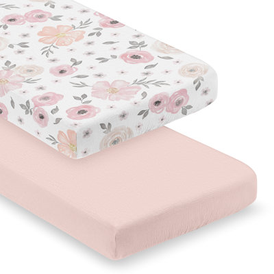 Watercolor Floral Pink and Grey Muslin 100% Cotton 2 Pack Fitted Crib Sheets by Sweet Jojo Designs