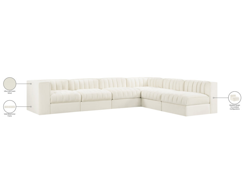 Tissu en velours Demars Performance 6 pièces Canapé modulaire modulaire, Velours crème, 27" H x 126" W x 92" D