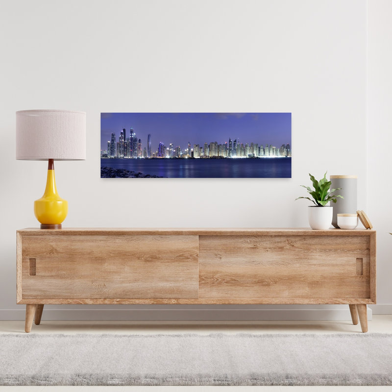 «Illuminated City Skyline Modern Abstract Architecture City», art mural, H 12 po x l 36 po