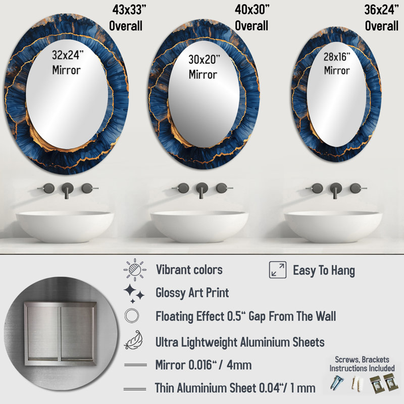 Aqua Crystal And Wood Slide Spiral I - Large Oval Wall Mirror On Metal, 40" x 30"