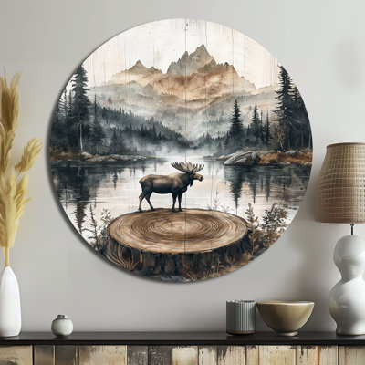 «Canadian Moose In A Lake Landscape II», reproduction d'art moderne en métal brun, art mural rond en orignal