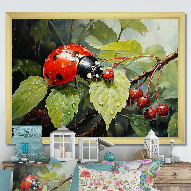 Botanique Landybug Harmony - coccinelle, art mural, salon, Cadre doré simple, H 24 po x l 32 po x P 1 po