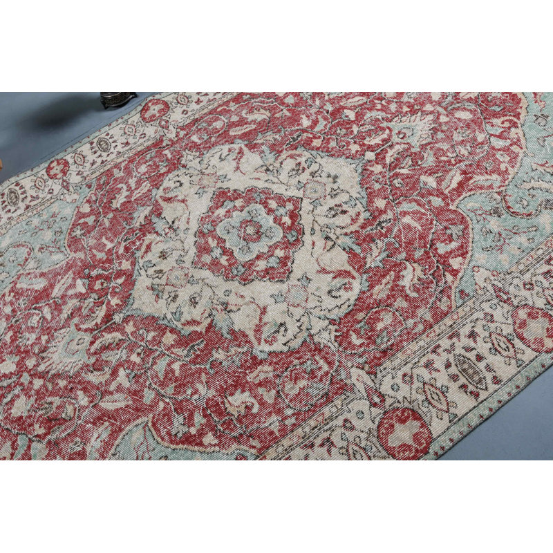 Tapis turc antique fait à la main: tapis rétro Anatolian fabriqué à partir de laine de haute qualité en rouge / rouge / vert