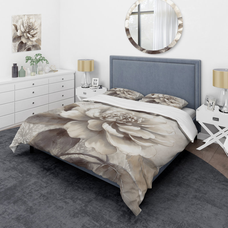 Grey Peonies On Branch II - Peonies Duvet Cover Set, King Duvet Cover + 2 King Shams