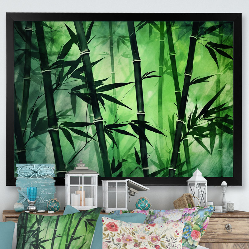 Bambou vert foncé et clair sur toile, H 24 po x l 32 po x P 1 po, Cadre photo noir