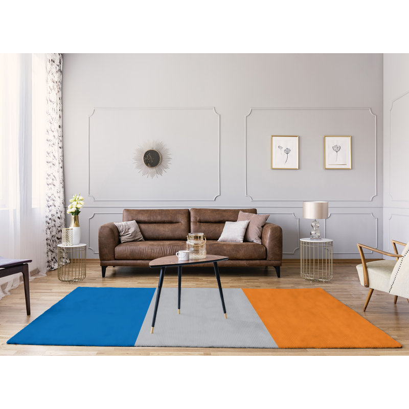 Tapis à rayures bleues/argent/orange, Rectangle 8 pi x 10 pi