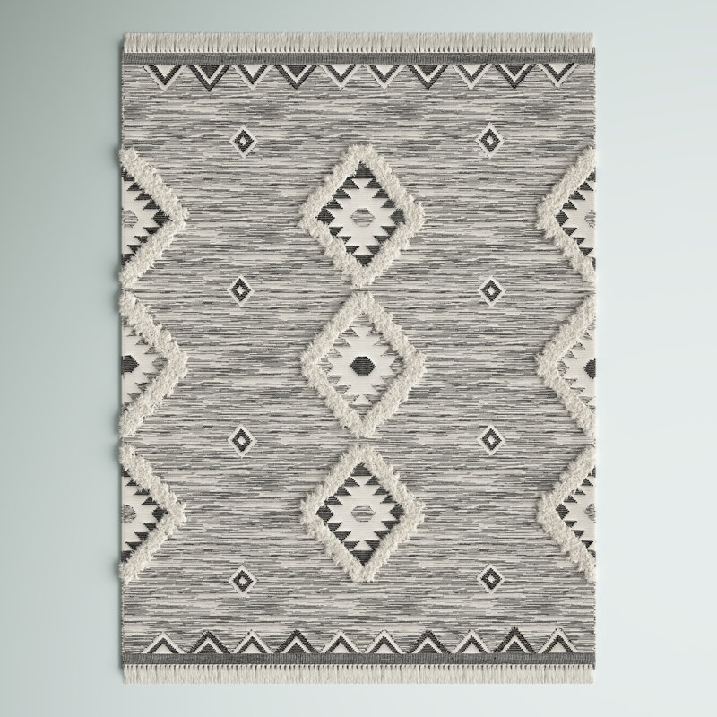 Alimatou Hand Knotted Wool/Cotton Southwestern Rug in Black/Ivory, Rectangle 6' x 9'