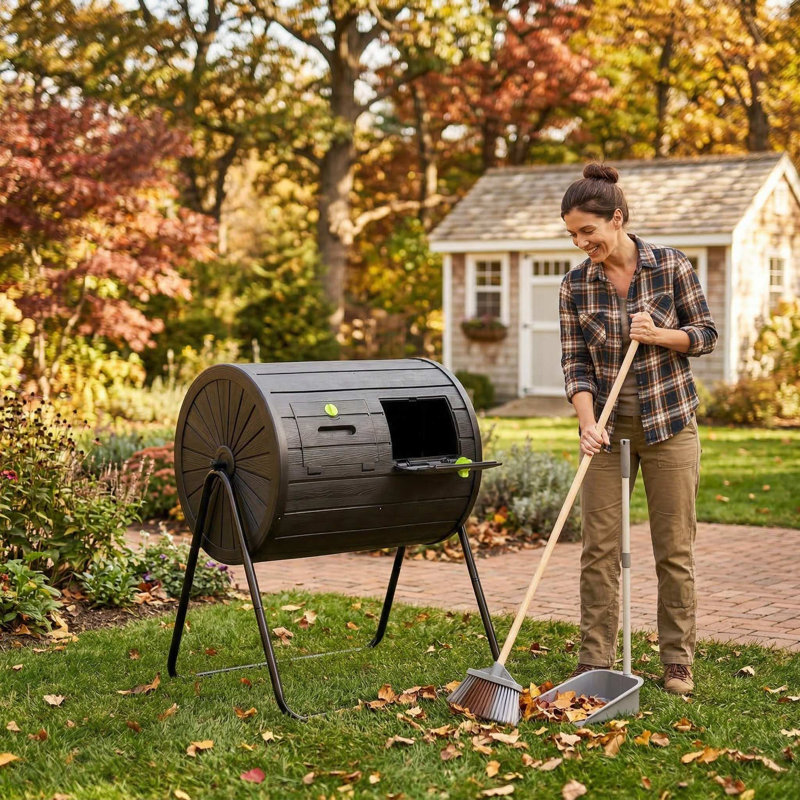 Bac à compost rotatif à l'épreuve des intempéries de 37,5 gallons avec trous d'aération pour les déchets de jardin, Brun