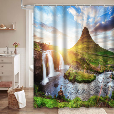 Sunset Waterfall Mountain Summer Nature Landscape Shower Curtain with 12 Hooks