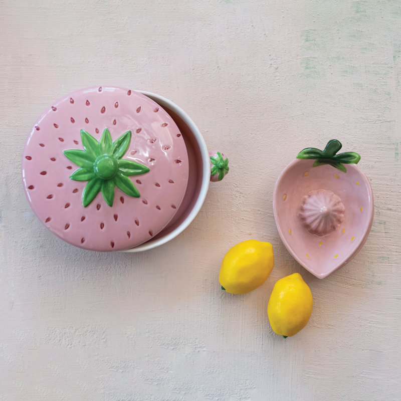 Hand-Painted Stoneware Strawberry Shaped Juicer, Pink & Green