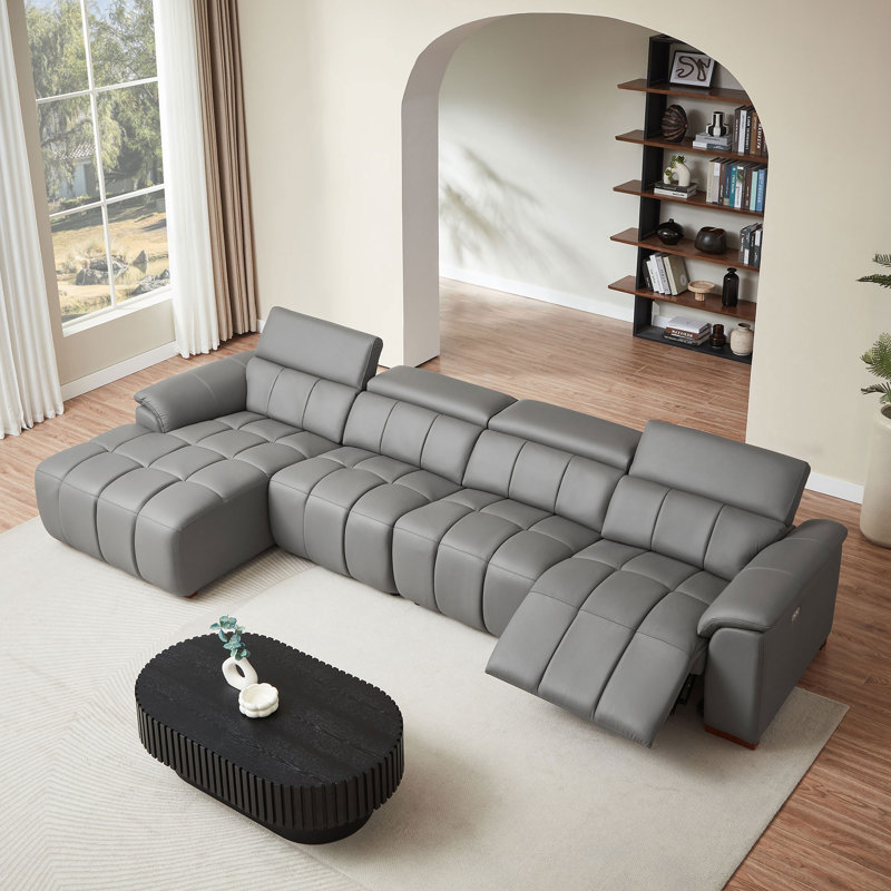 144.87" Genuine Leather Power Reclining Sectional With USB Port, Right Hand Facing, Dark Gray Genuine Leather