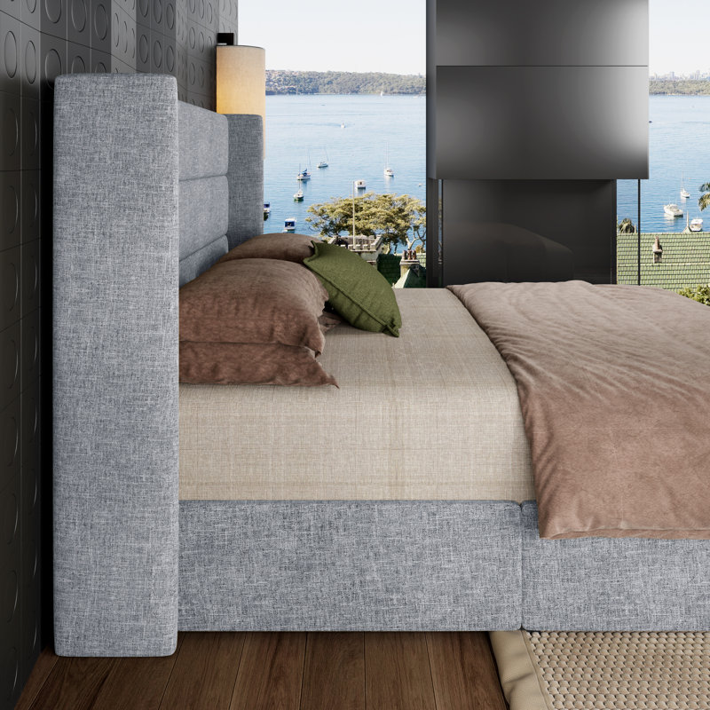 Lit plateforme tapissier avec rangement Bradenburg, Très grand, Bleu gris