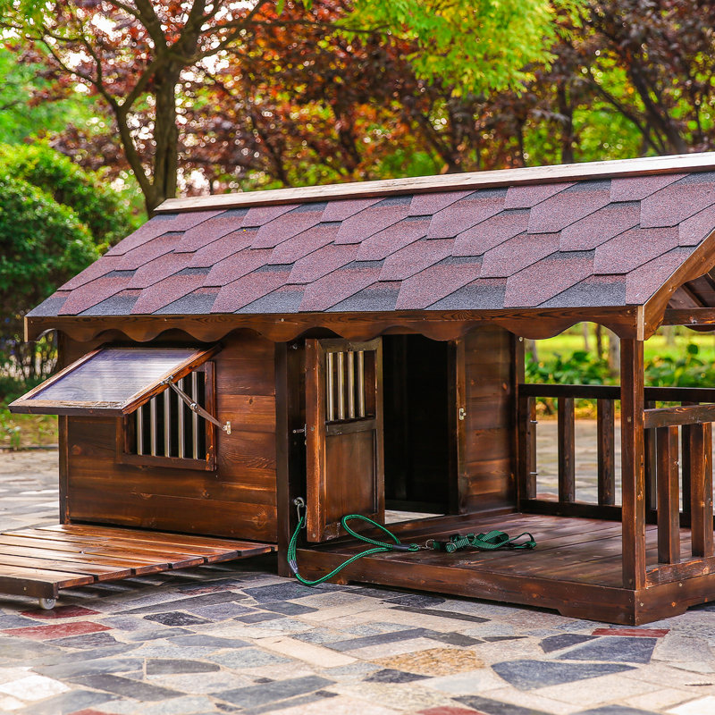 Pine Dog House & Playpen Carbonized Pine Wood, Weatherproof Design, 43.3"H x 47.3"W x 90.6"D