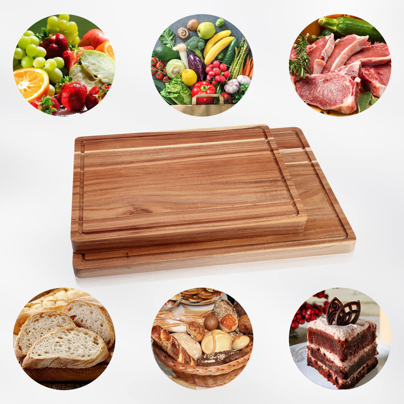 Quality Acacia Wood Cutting Boards Set of 2, Large, Reversible Kitchen Chopping Boards with Deep Juice Grooves, Dishwasher Safe, Durable Hardwood for Meat, Cheese, Vegetables, Deli Board, Meal Prep