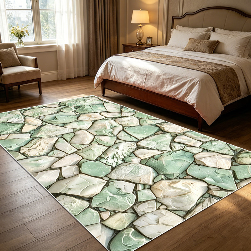 1PC Rustic Sage Green Irregular Stone Mosaic area rugs for Living Room, Soft and Comfortable, Suitable for all seasons, easy-to-maintain, machine washable Indoor floor mat, Under Table Farmhouse suitable for dining table, kitchen island, bedroom,
