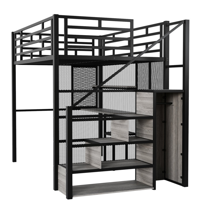 Lit mezzanine en métal noir avec garde-robe, bureau et tablettes de rangement, Noir