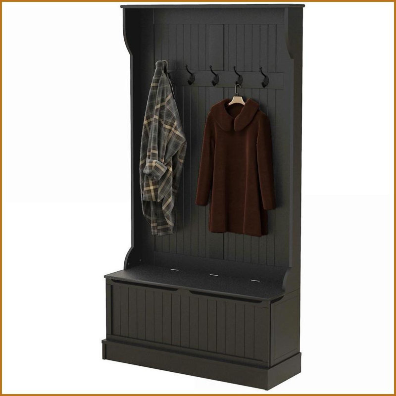 Hall Tree with Storage Bench, 3-in-1 Entryway Coat Rack with 4 Hooks &amp; Shoe Storage | Black | MDF, Black