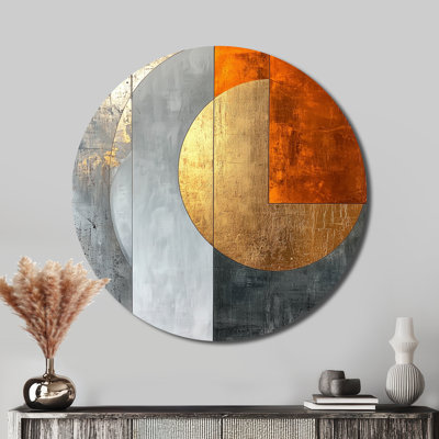 Geometric Gold Orange And Grey Pure Form I - Abstract Geometric Round Metal Wall Decor
