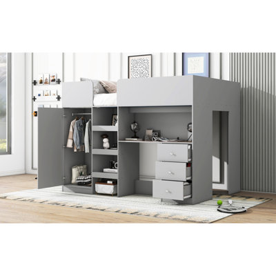 Lit mezzanine en bois avec finition grise, bureau, garde-robe et rangement