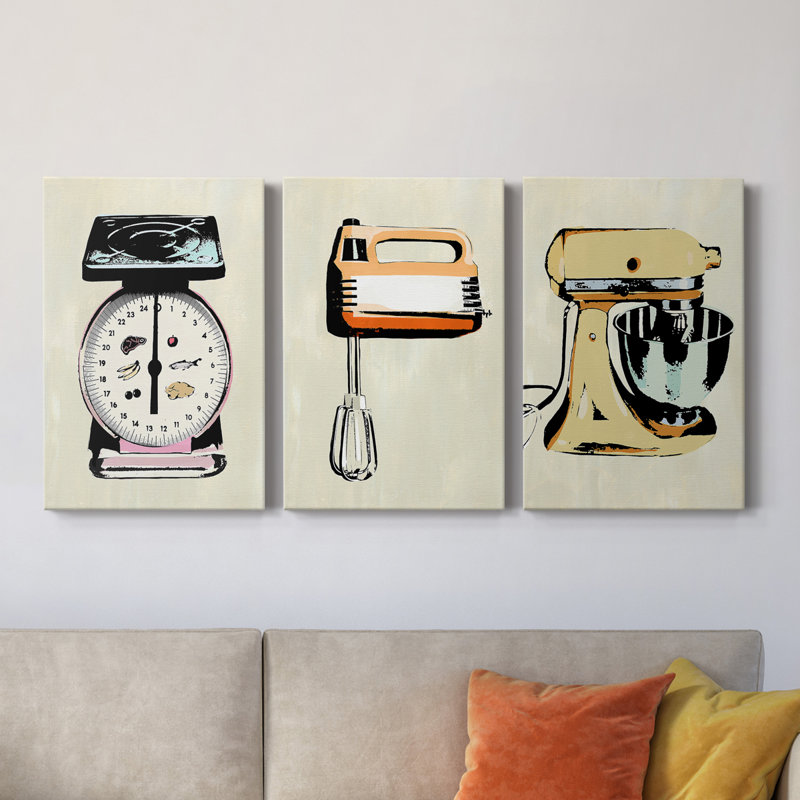 Retro Kitchen Appliance II - Ensemble de 3 peintures sur toile tendue, H 36 po x l 72 po x P 1 po