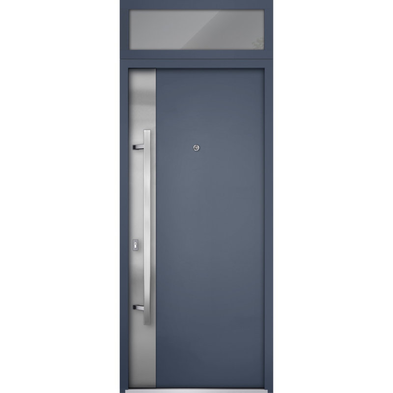 Porte avant en acier pré-suspendue à l'avant / deux graphite gris 0729 / fenêtre extérieure supérieure / inserts en acier inoxydable peints simples modernes - l 36 po x H 80 po + 16 po - Pivotement à droite