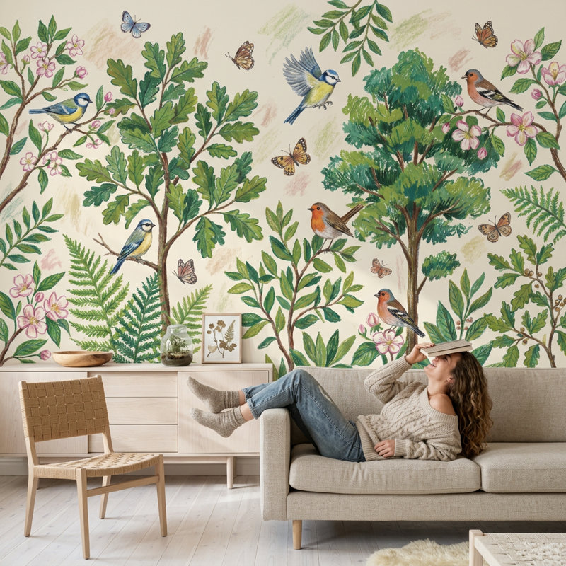 Papier peint botanique, oiseaux, papillons amovibles, décoration murale, 120 po x 96 po, Non tissé