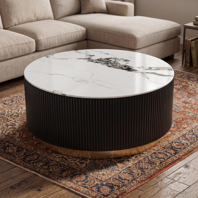 Table basse tambour moderne avec 2 tiroirs en bois massif, plateau de table en pierre frittée et base cannelée