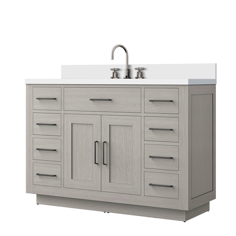 Meuble-lavabo simple en chêne 48 po X P 22 po D, plateau en quartz blanc et ensemble de robinet, Blanc, Noir mat