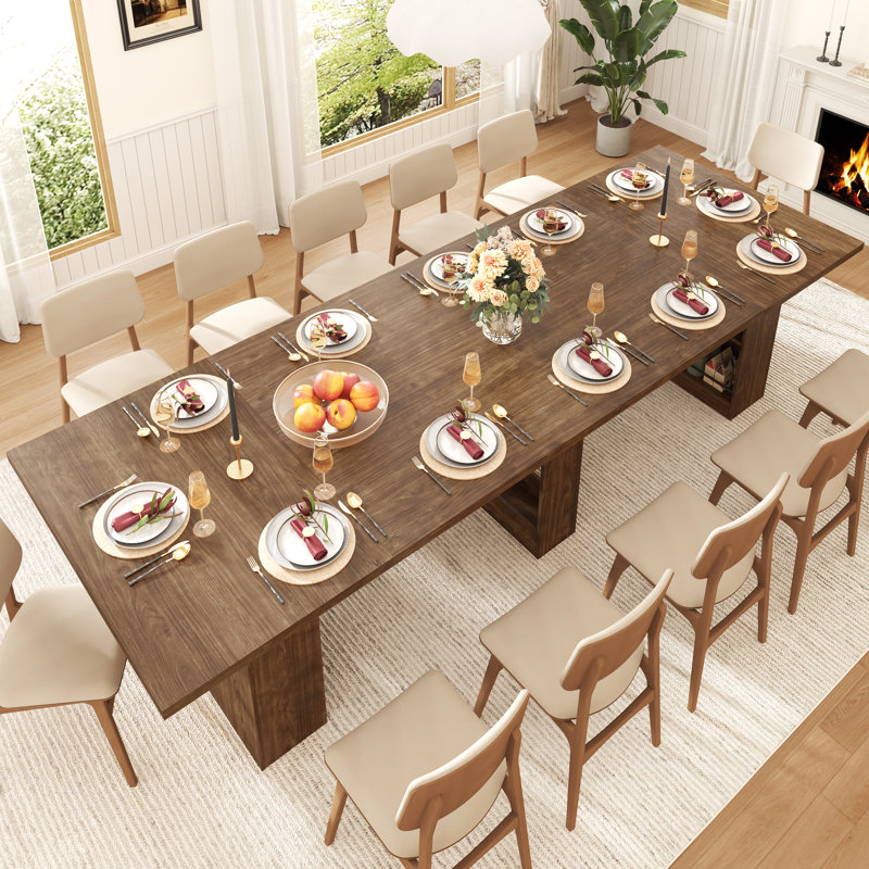 Table de salle à manger de style campagnard très long de 126 po pour 10 à 14 personnes, grande table rustique de cuisine et de salle à manger avec tablettes de rangement intégrées, base piédestal double robuste, noyer