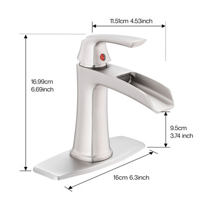 Robinet de salle de bain en nickel brossé avec bonde escamotable, plaque de pont et poignée simple pour une installation facile et rapide dans la salle de bain.
