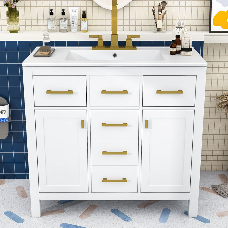 Liburd 36" Freestanding Bathroom Vanity with Ceramic Sink and Storage Cabinet Combo, White
